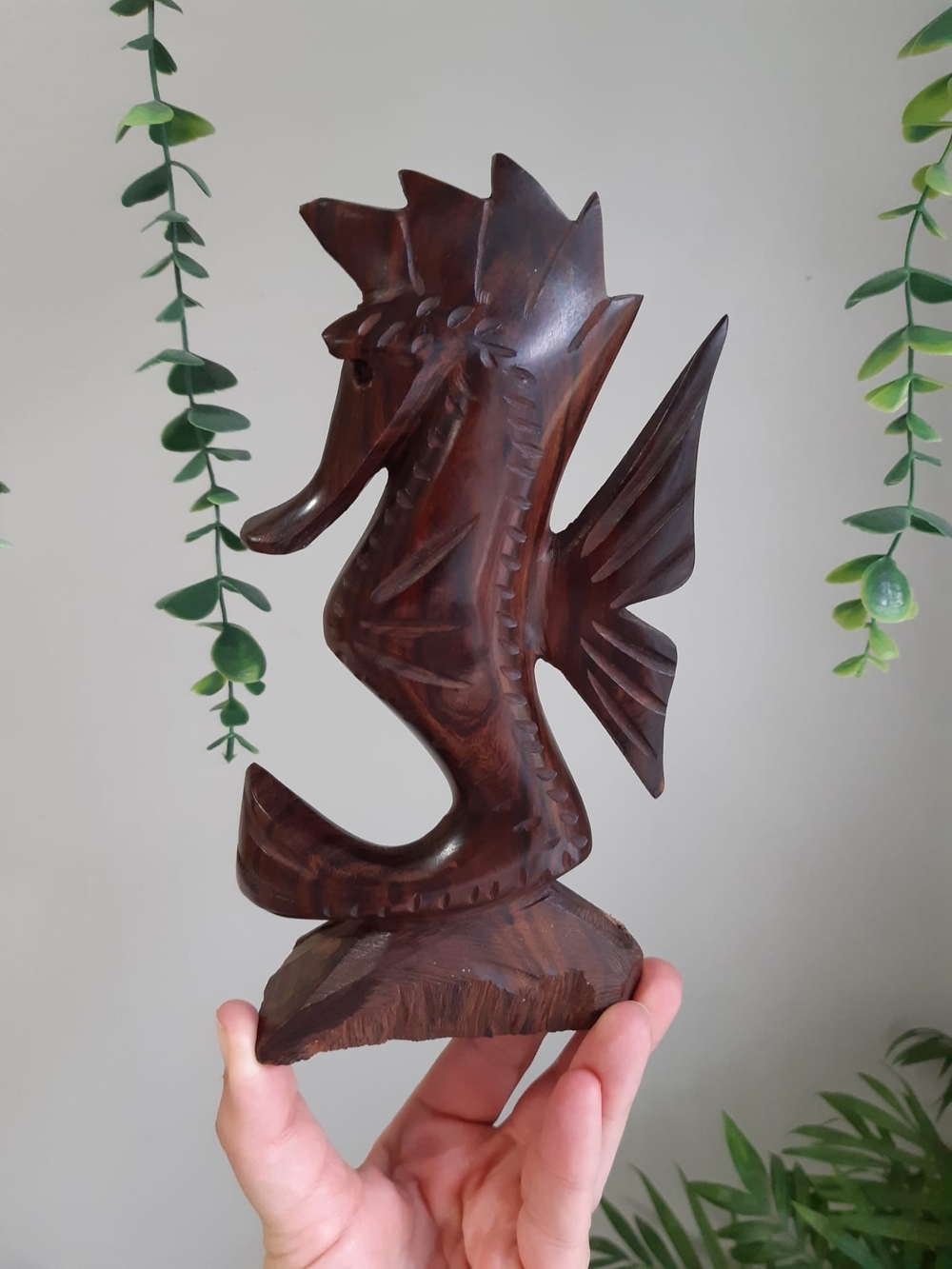 Hand-Carved Wooden Seahorse Sculpture - Dark Brown